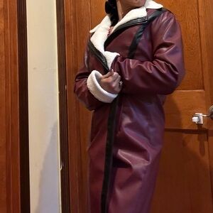 Women's Burgundy Leather Coat with Shearling Trim